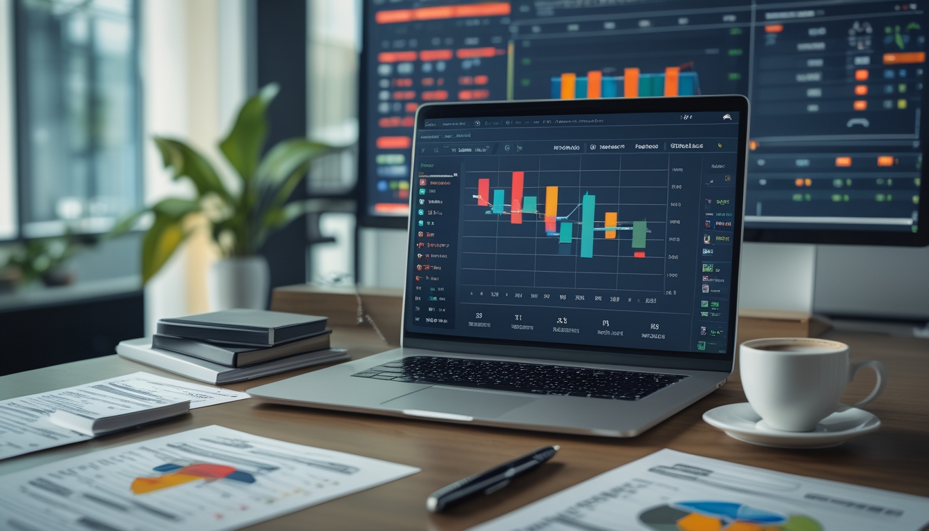 Sebuah ruang kerja modern dengan laptop menampilkan grafik data pertandingan olahraga, kertas data di meja, dan layar besar dengan visualisasi data pertandingan.