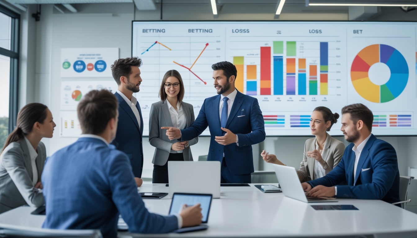 Sekelompok orang sedang berdiskusi dan menganalisis data di ruang kantor dengan layar digital yang menampilkan grafik dan statistik.