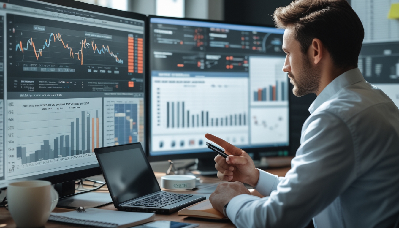 Seorang profesional sedang menganalisis data taruhan di depan beberapa layar komputer dengan grafik dan statistik di sebuah kantor modern.