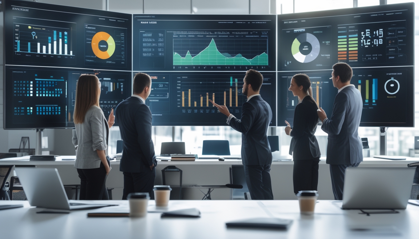 Sekelompok analis yang sedang bekerja bersama di kantor, melihat grafik dan data statistik pada layar besar untuk menganalisis performa tim.