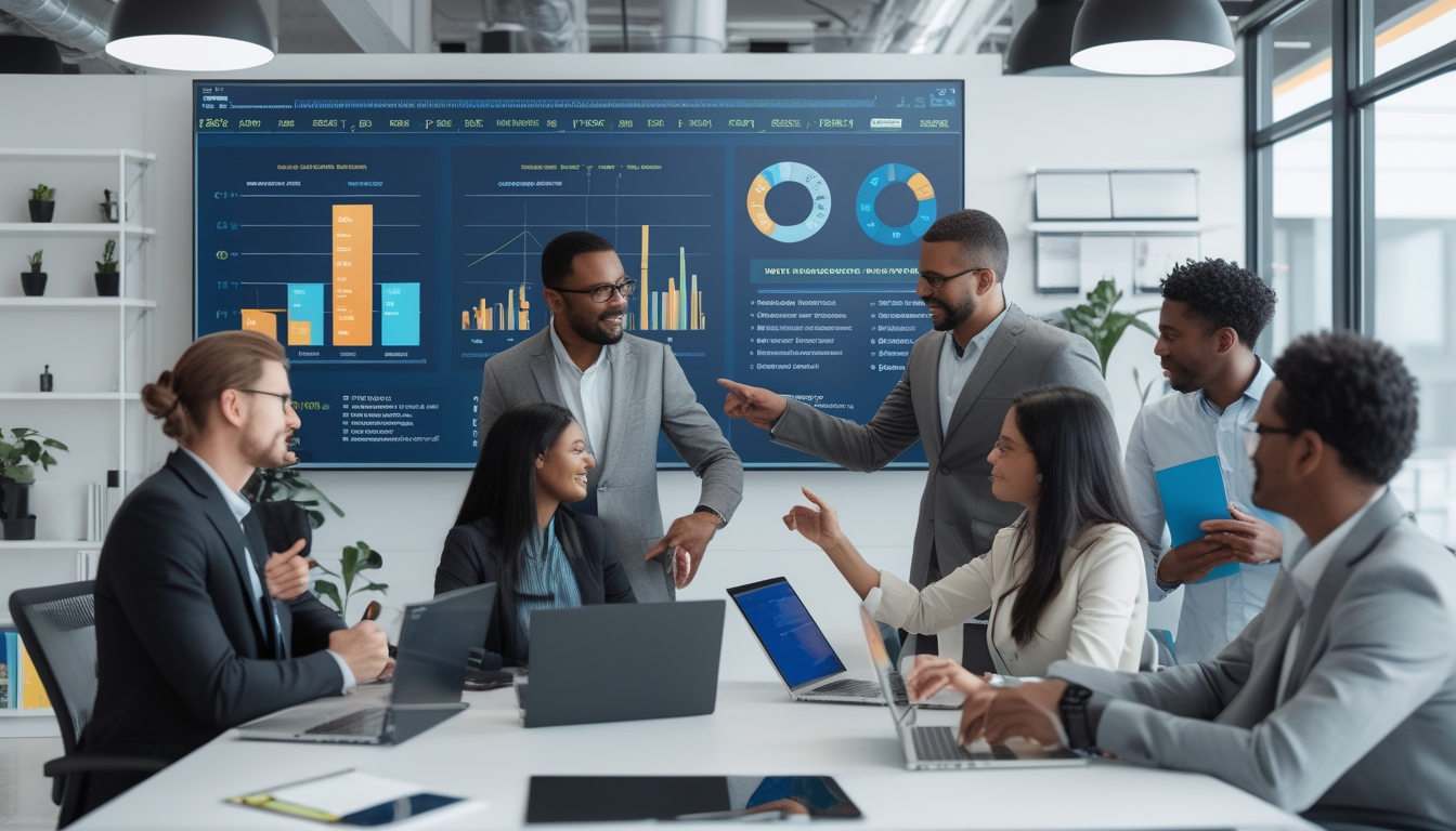 Sekelompok analis bekerja sama di kantor dengan layar digital yang menampilkan grafik dan data performa tim.