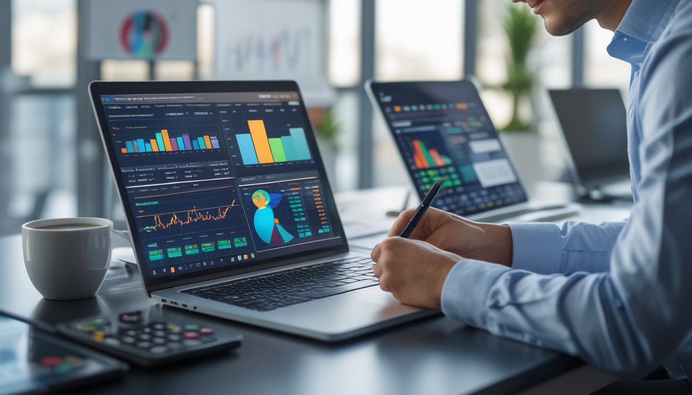 Seseorang sedang menganalisis data dan statistik taruhan di meja kerja dengan laptop dan tablet yang menampilkan grafik dan diagram.
