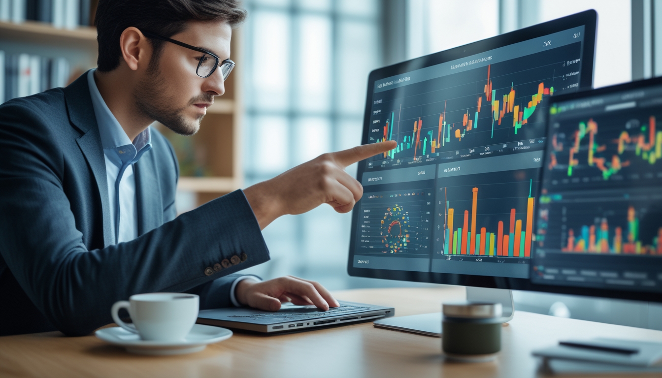 Seorang profesional di kantor modern sedang menganalisis grafik dan data statistik pada beberapa layar digital terkait strategi pengelolaan modal taruhan.
