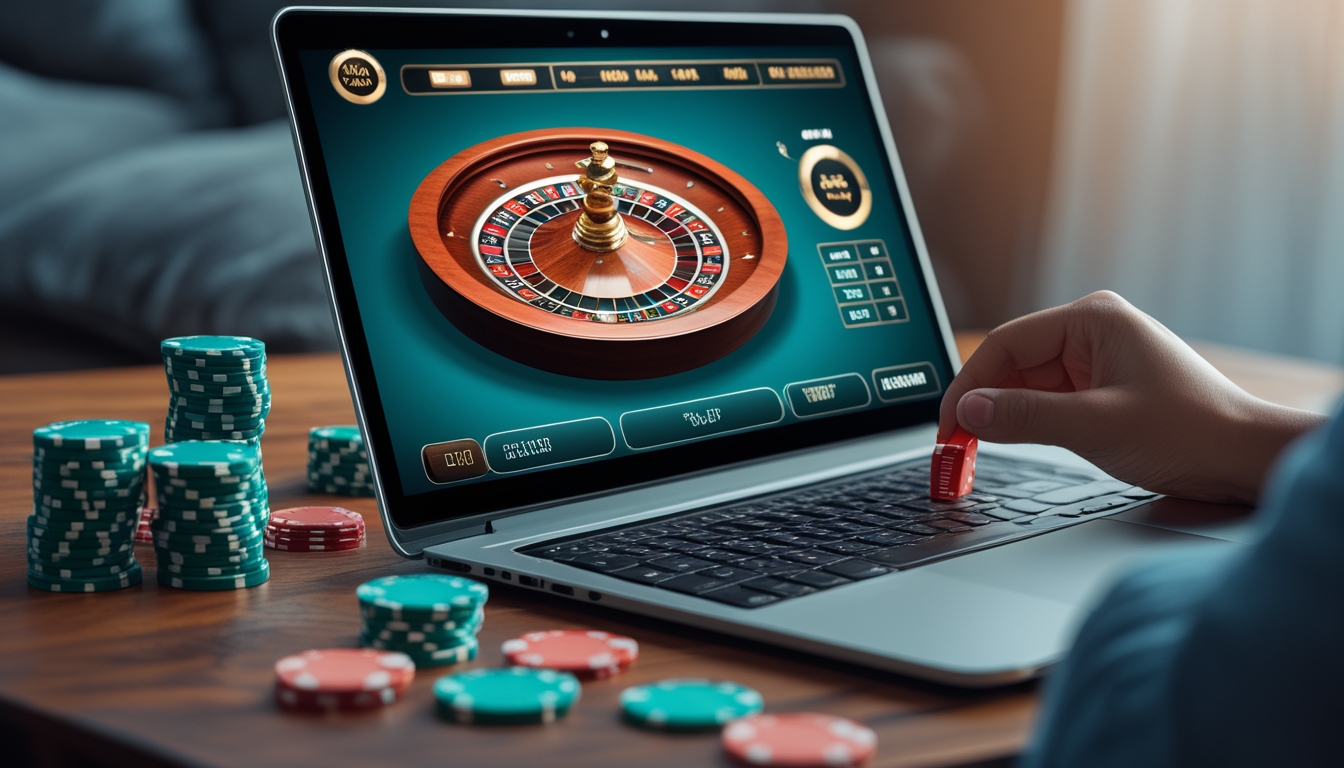 Seseorang bermain roulette online di laptop dengan tumpukan chip kecil di meja, menunjukkan permainan dengan modal kecil secara fokus.