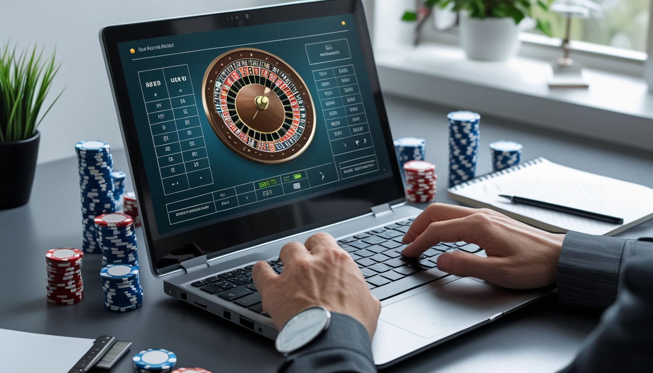 Seseorang bermain roulette online di laptop dengan tumpukan chip kecil dan buku catatan di meja, menunjukkan fokus dan strategi bermain dengan modal kecil.