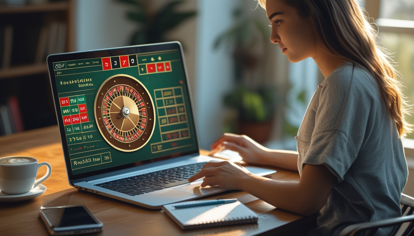 Seorang wanita muda bermain roulette online di laptop di meja kayu dengan suasana rumah yang nyaman.