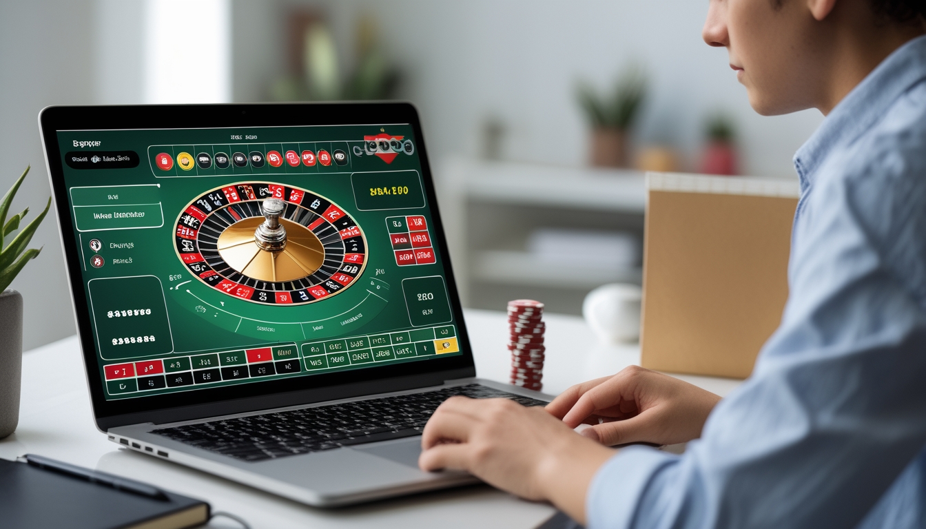 Seorang pemain muda sedang bermain roulette online di laptop dengan tumpukan chip kecil di meja, di ruang kerja yang terang dan rapi.