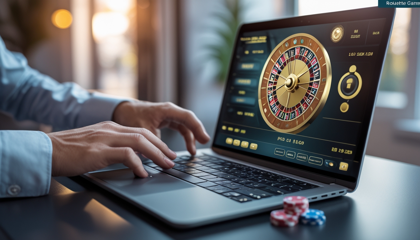 Seseorang bermain roulette online di laptop dengan tumpukan chip kecil di meja.