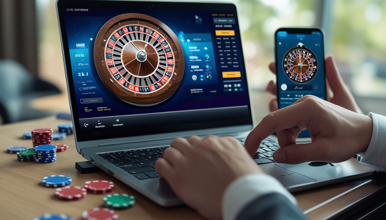 Seseorang menggunakan laptop untuk bermain roulette online dengan chip taruhan dan ponsel di meja.