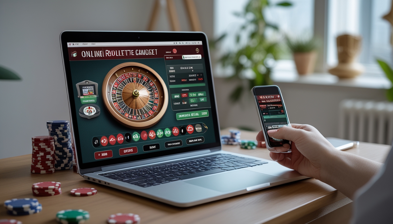 Seseorang bermain roulette online di laptop dengan tumpukan chip kecil di meja, suasana ruangan nyaman dan terang.