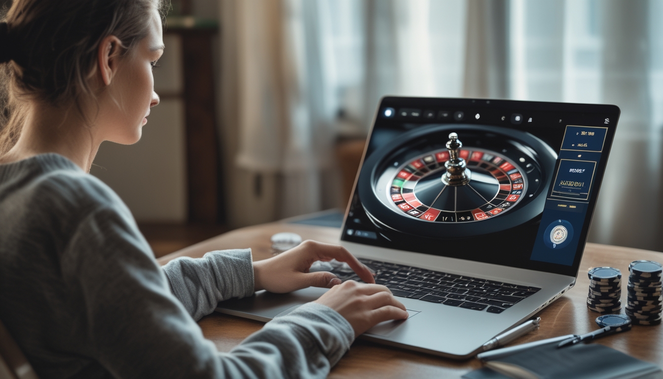 Seorang pria duduk di depan laptop bermain roulette online dengan tumpukan chip dan catatan di meja.