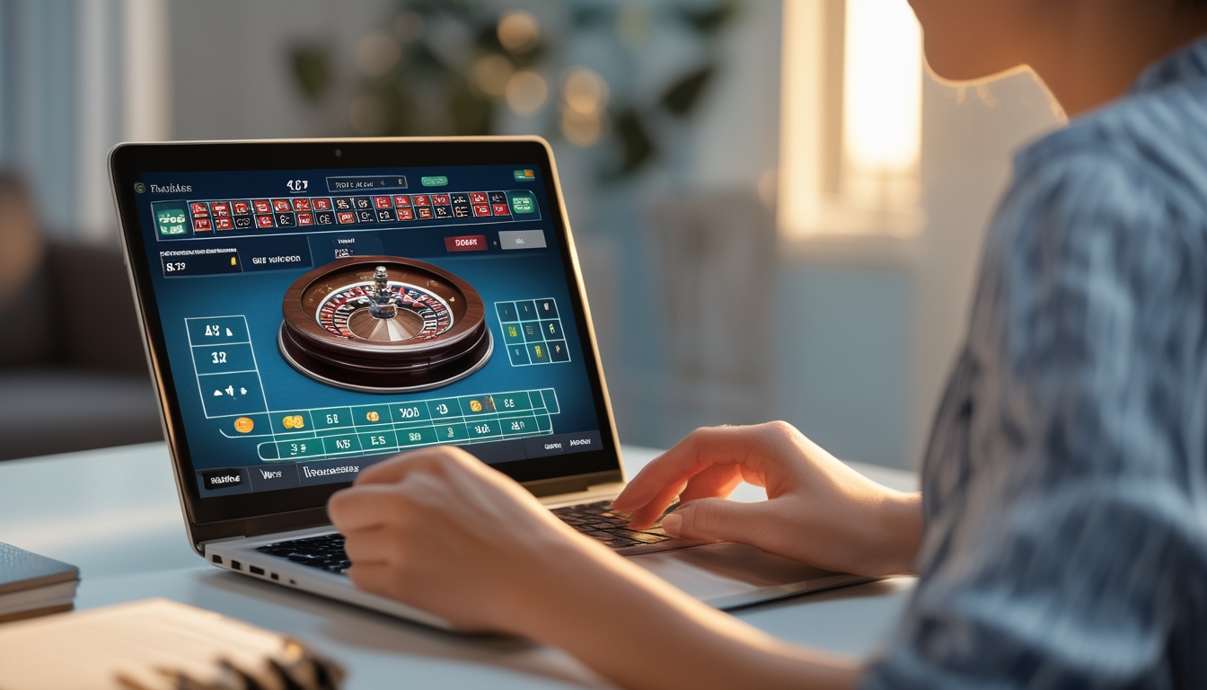 Seseorang yang sedang fokus bermain roulette online di depan laptop dengan chip dan buku catatan di meja.