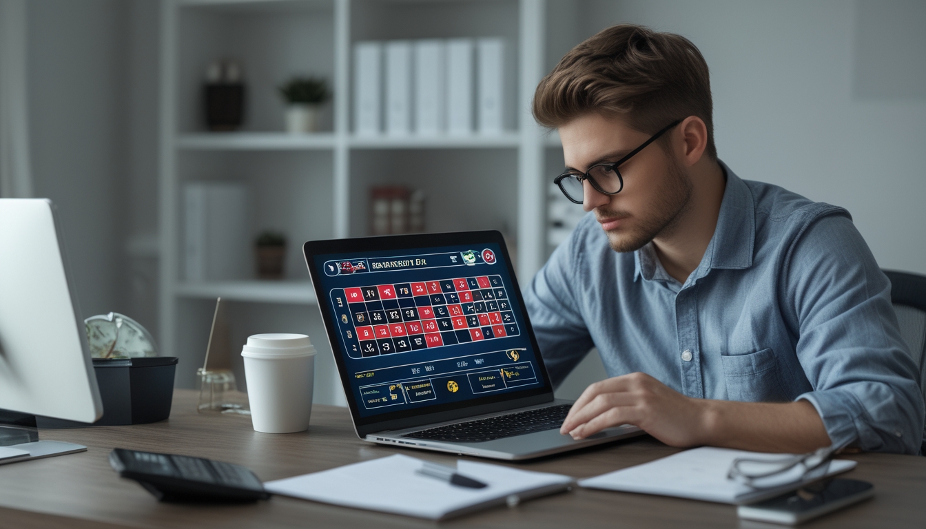 Seorang pria muda duduk di meja dengan laptop yang menampilkan permainan roulette online, menggunakan kalkulator dan mencatat untuk mengatur modal kecil saat bermain.