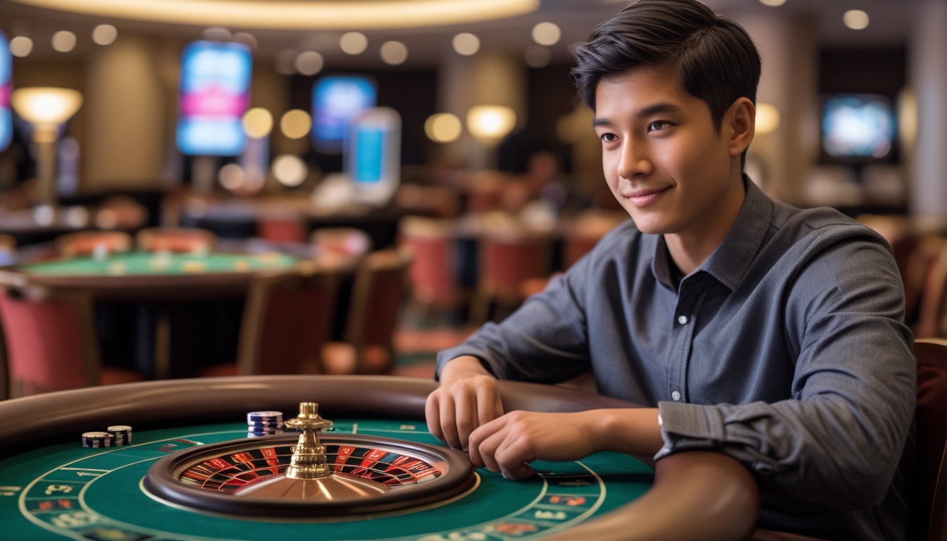 Seorang pemain muda sedang bermain roulette dengan tumpukan chip kecil di meja kasino yang terang dan tenang.