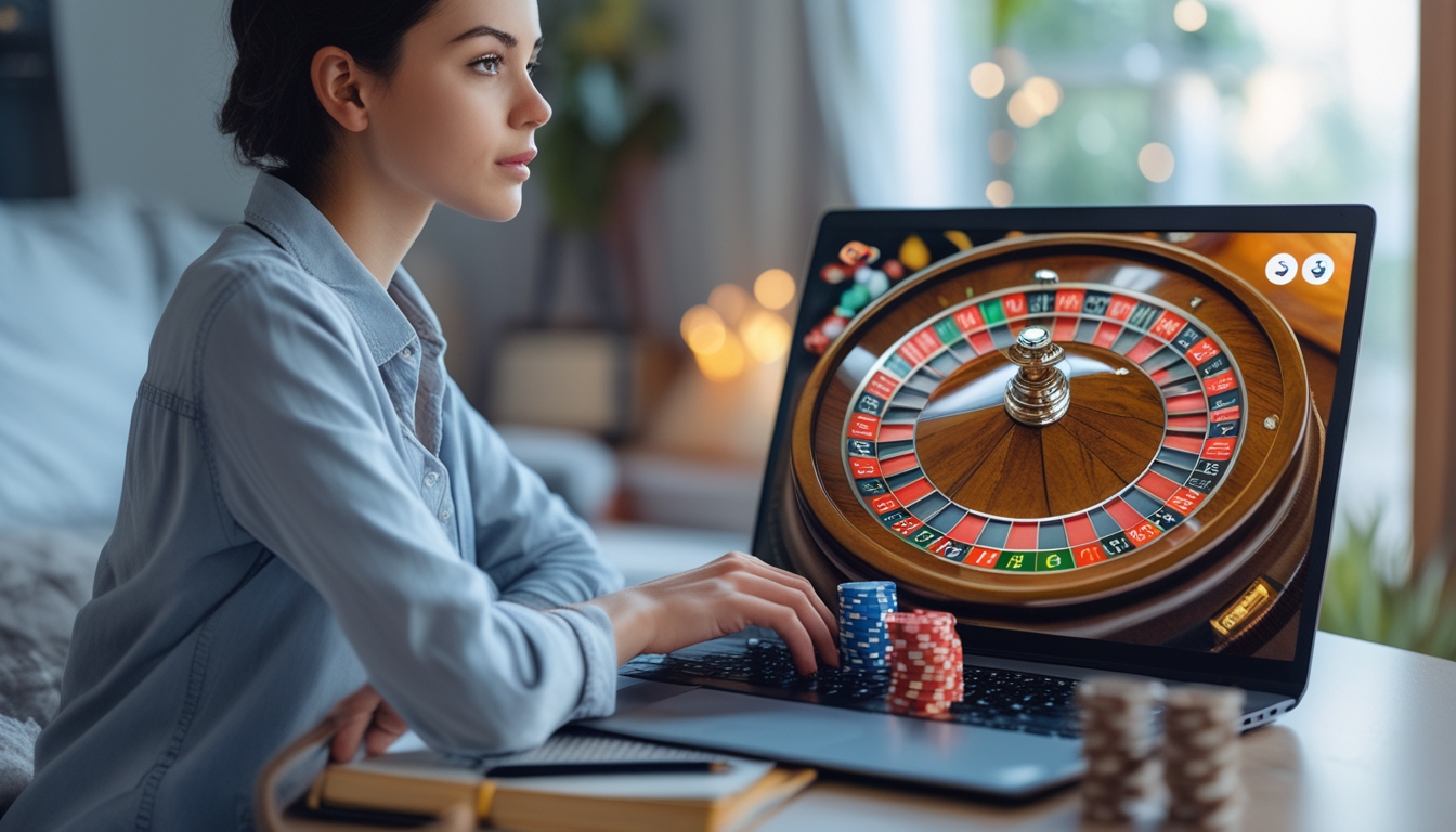 Seorang pemula bermain roulette online dengan fokus di depan laptop di lingkungan rumah yang nyaman.