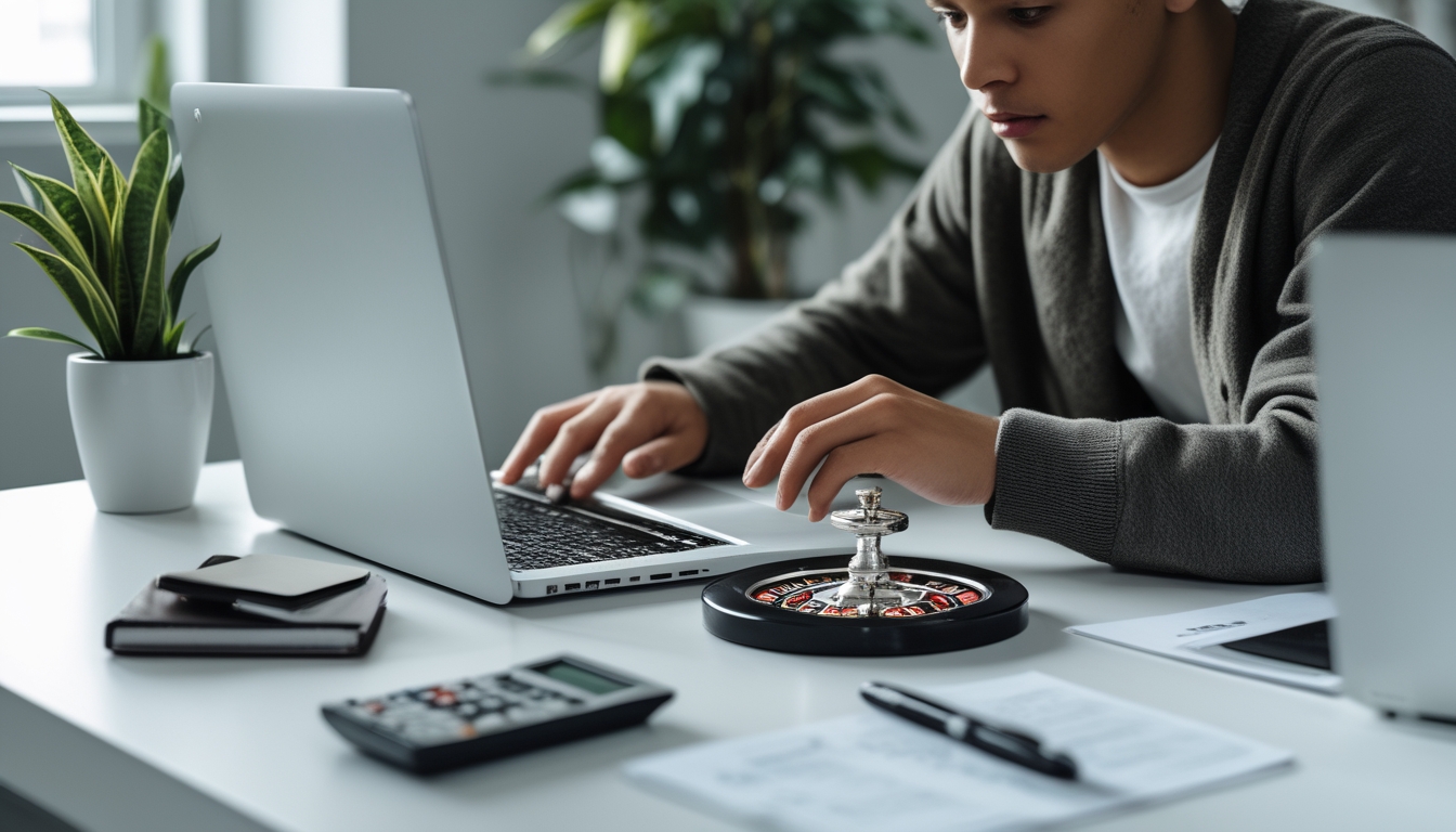 Seorang dewasa muda duduk di meja dengan laptop, sedang bermain roulette online dengan catatan dan kalkulator di sampingnya.