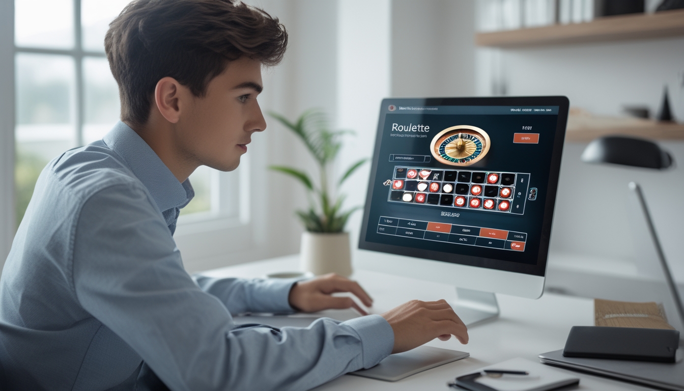 Seseorang duduk di meja dengan laptop, fokus bermain roulette online sambil mencatat dan menggunakan kalkulator.