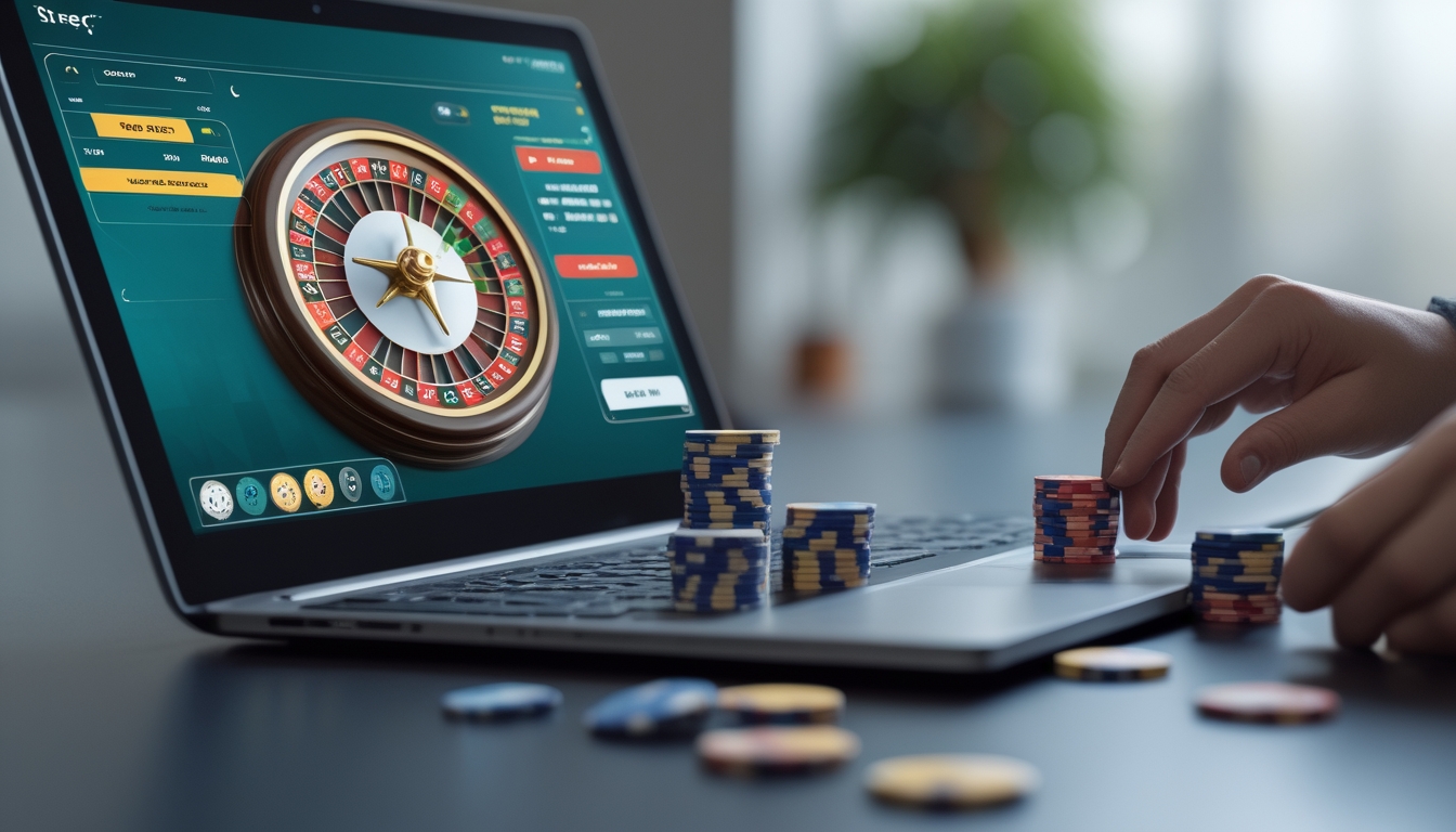 Seseorang bermain roulette online dengan laptop dan menempatkan taruhan di meja virtual.