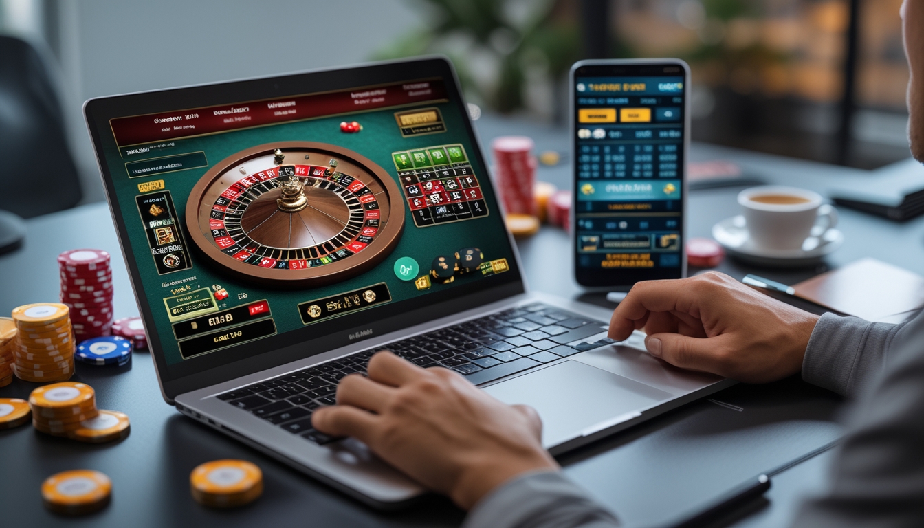 Seorang dewasa muda duduk di depan laptop yang menampilkan permainan roulette online dengan tumpukan chip dan ponsel di meja, tampak fokus dan sedang merencanakan strategi bermain.