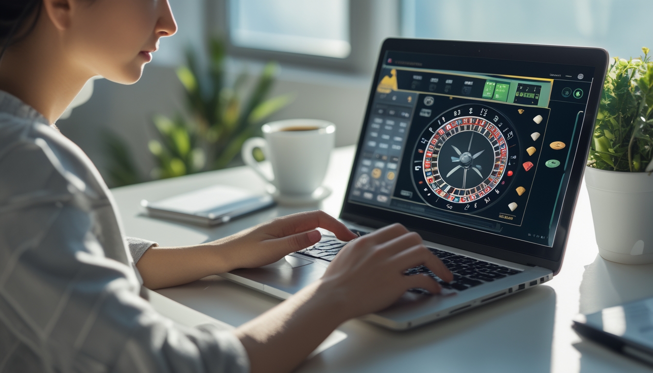 Seseorang sedang bermain roulette online di laptop di ruang kerja rumah yang nyaman dengan suasana fokus dan tenang.
