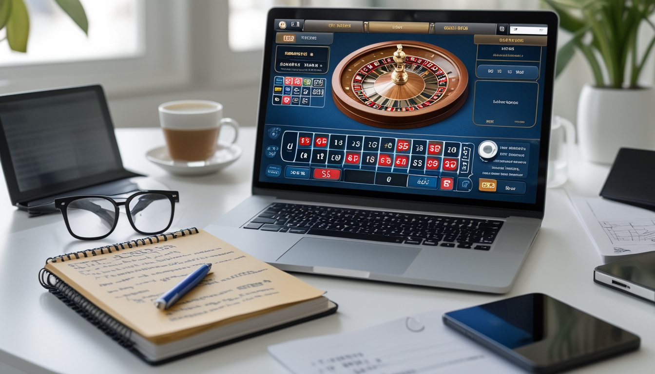 Seorang pemain sedang menggunakan laptop dengan tampilan permainan roulette online, di meja terdapat buku catatan dan pena, di sekitar meja ada cangkir kopi dan kacamata.