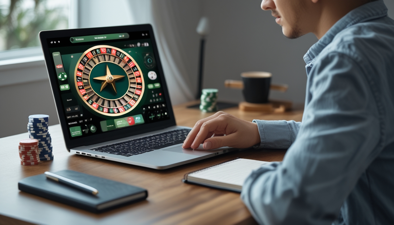Seseorang bermain roulette online di laptop dengan chip taruhan kecil di meja dan buku catatan di samping.