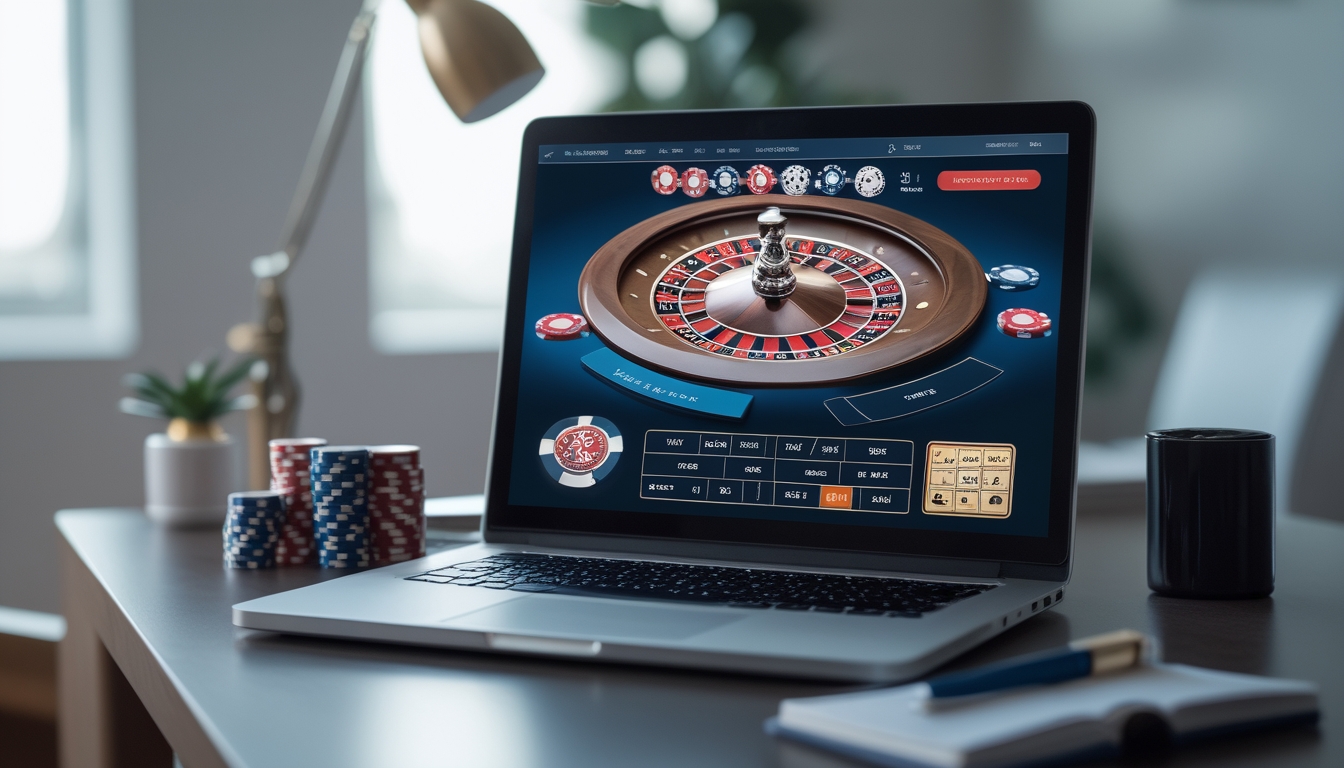 Seorang pemain sedang menggunakan laptop dengan tampilan permainan roulette online, di meja terdapat tumpukan chip dan buku catatan.