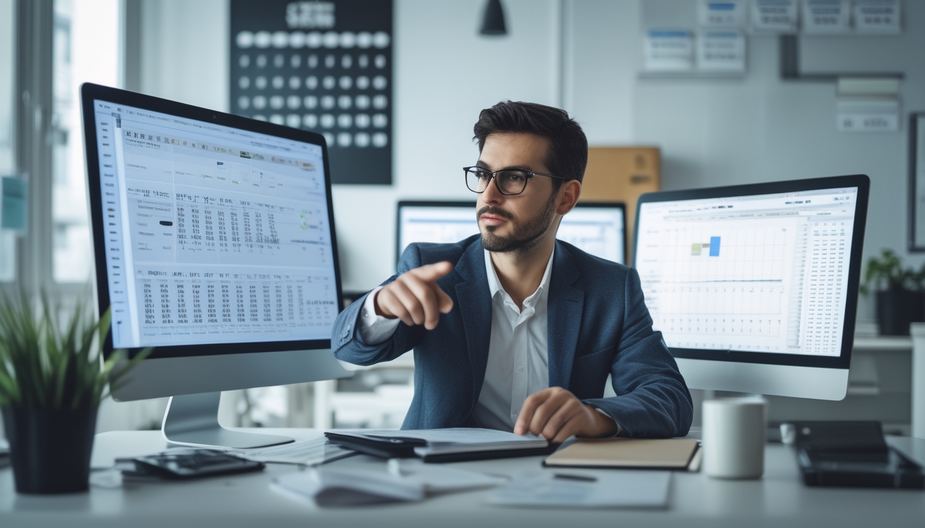 Seseorang sedang duduk di meja kerja dengan beberapa layar digital menampilkan grafik dan pola angka, fokus menganalisis data di ruangan kantor yang terang dan rapi.