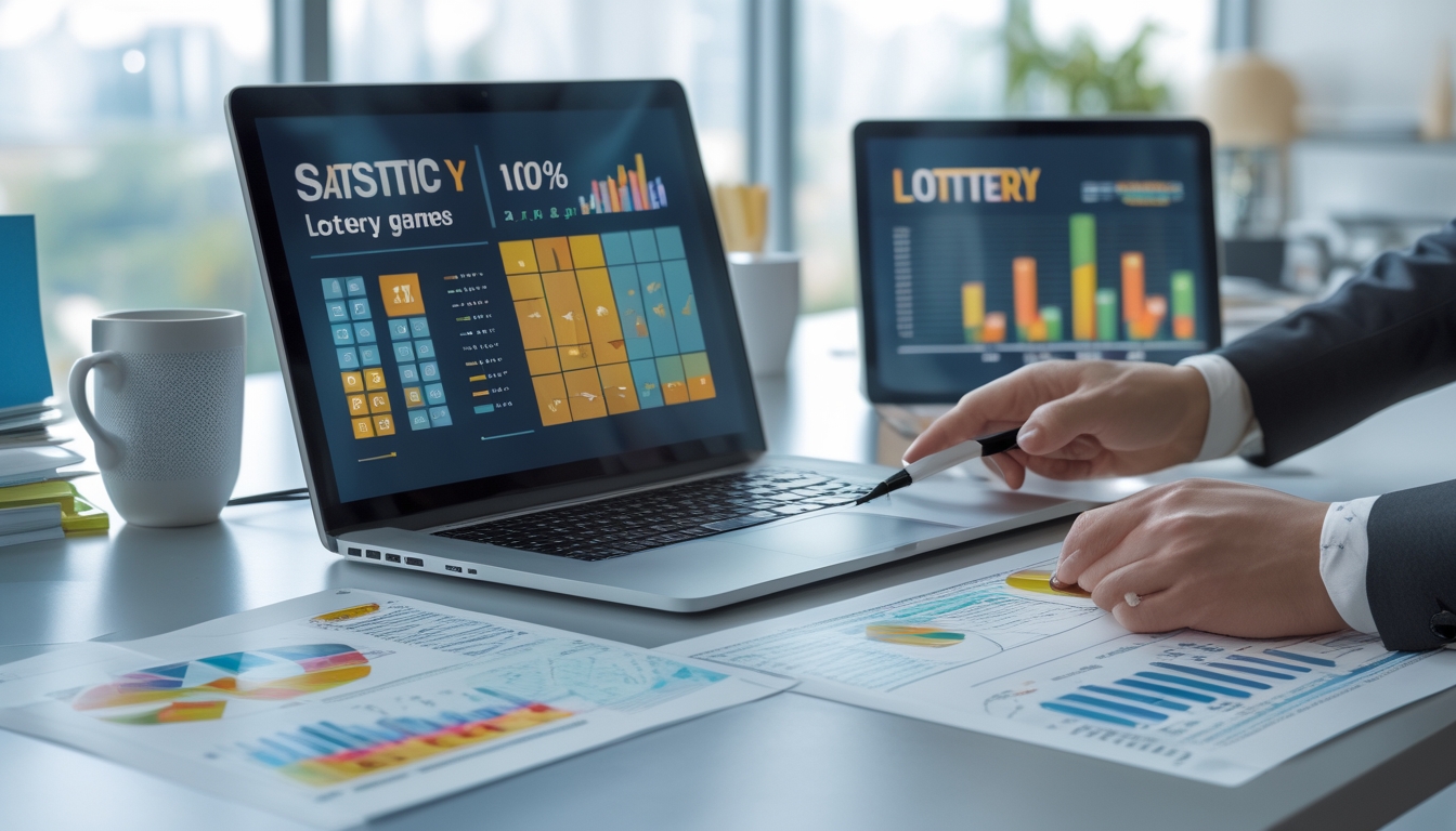 Meja kerja dengan laptop, tablet, dan dokumen berisi grafik dan angka statistik yang sedang dianalisis oleh seseorang.