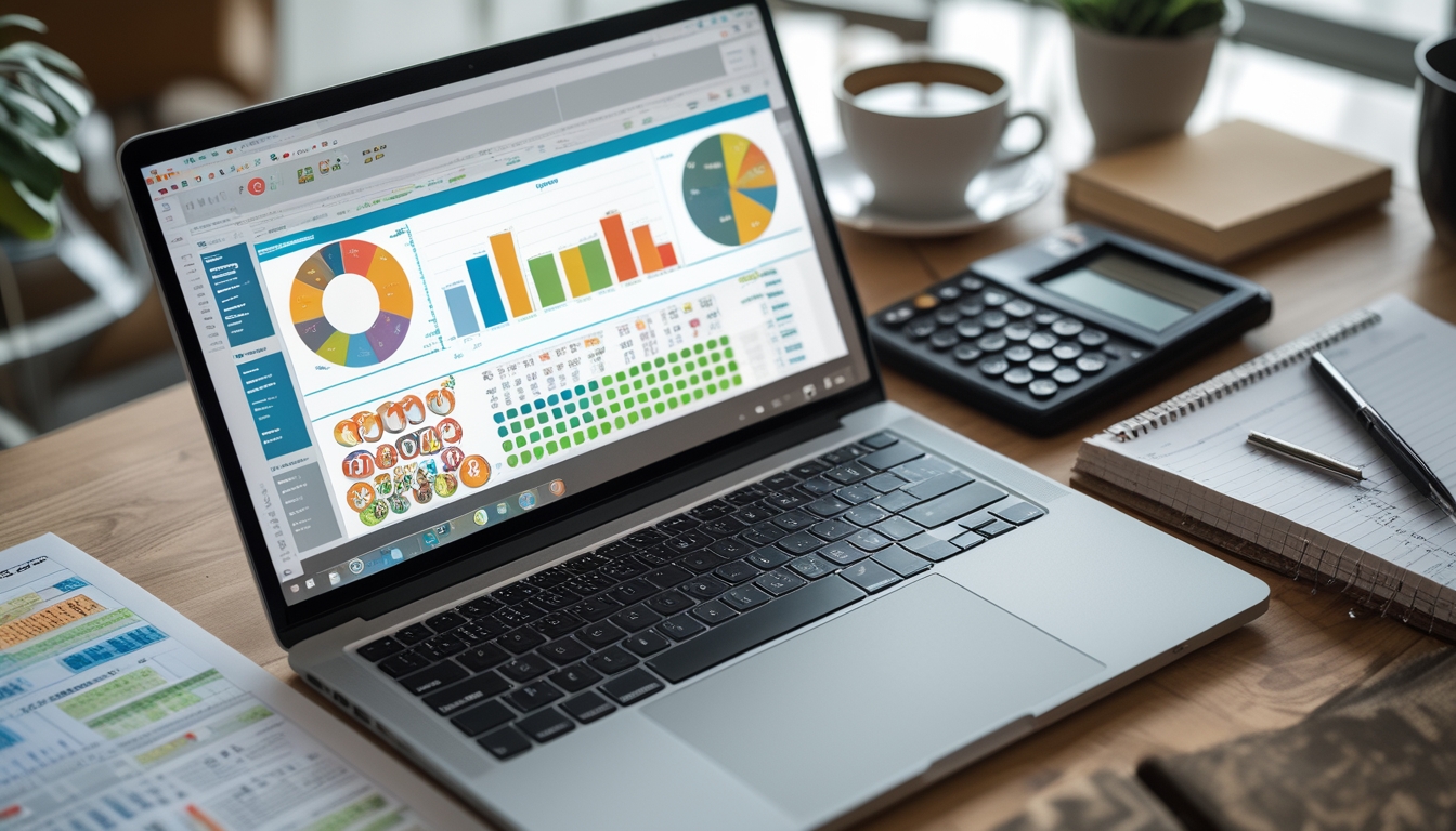 Meja kerja dengan laptop yang menampilkan grafik statistik, kertas data, kalkulator, dan alat tulis untuk analisis permainan togel.