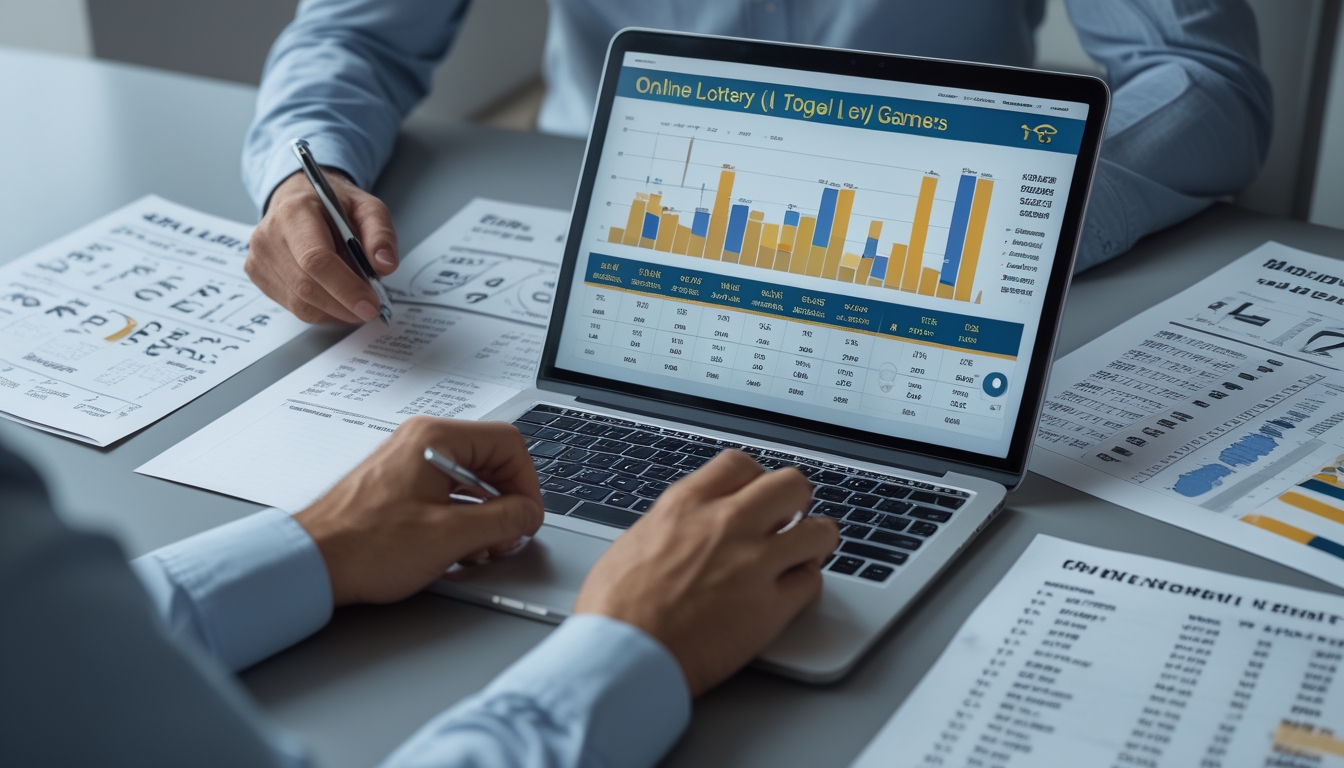 Seseorang sedang menganalisis data angka pada laptop dengan catatan dan grafik di meja kerja.
