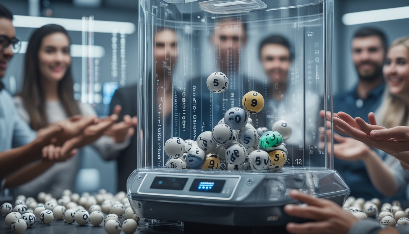 Mesin undian togel transparan dengan bola bernomor yang sedang diaduk dan tangan-tangan orang yang memperhatikan proses pengundian.