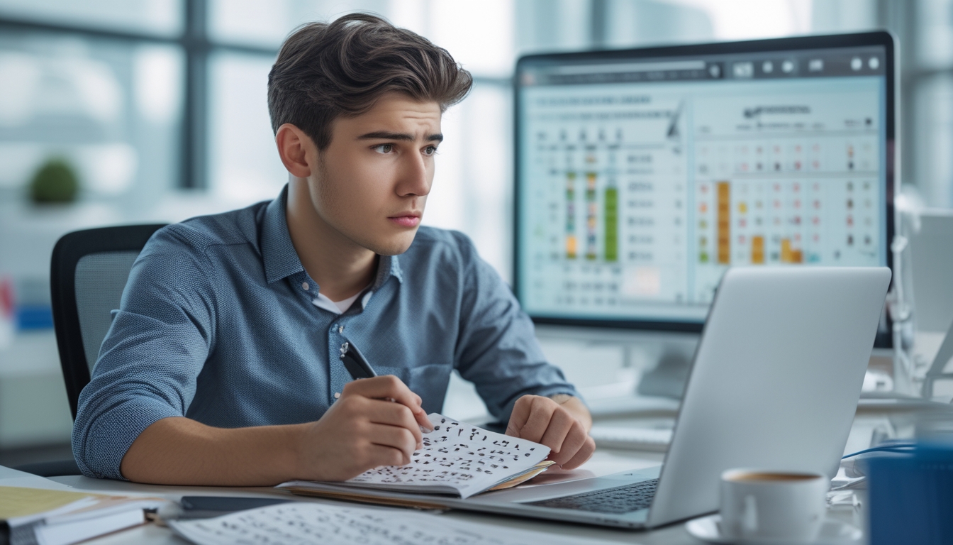 Seorang pria muda sedang duduk di meja kantor, fokus menganalisis angka togel di layar laptop dengan catatan dan alat tulis di sekitarnya.