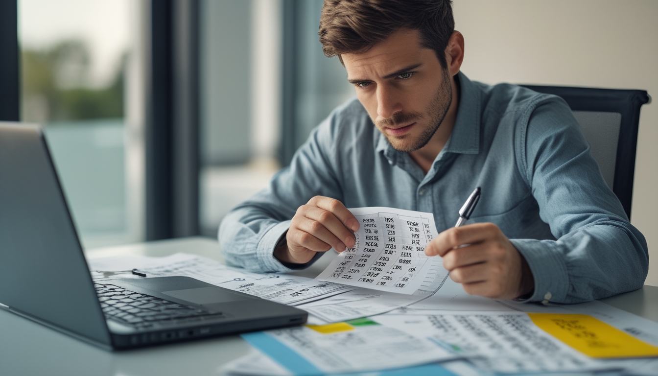 Seorang pria serius sedang menganalisis angka togel di meja kerja dengan laptop dan kertas berisi angka.