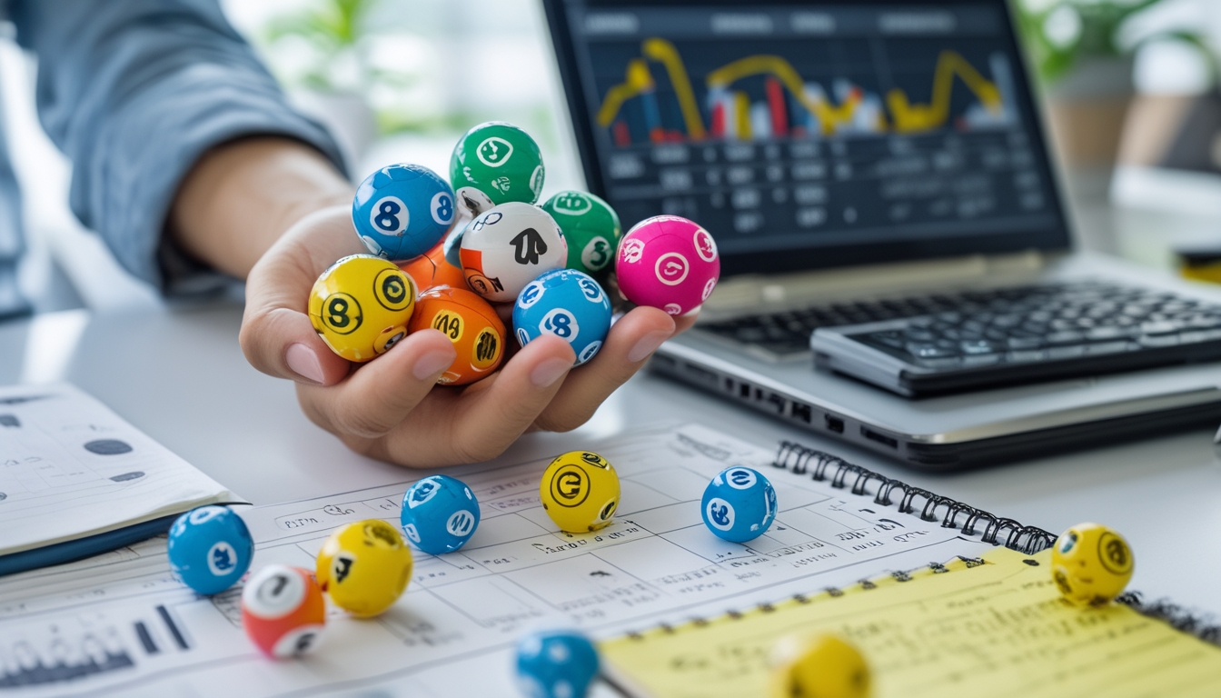 Tangan memegang bola lotere berwarna-warni dengan angka, di atas meja yang dilengkapi grafik, kalkulator, dan laptop yang menampilkan data dan rumus probabilitas.