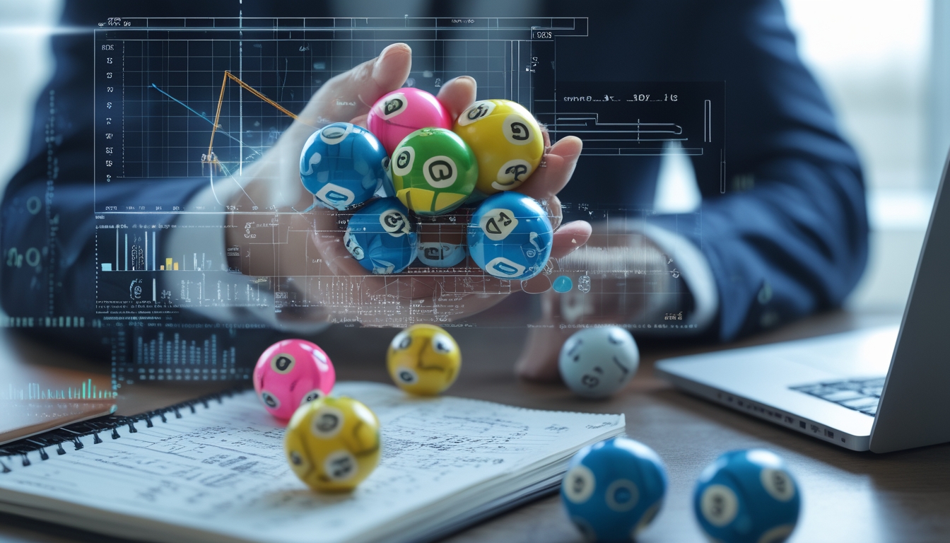 Tangan memegang bola lotere berwarna dengan angka, dikelilingi oleh grafik dan formula matematika yang menggambarkan peluang dalam permainan togel.