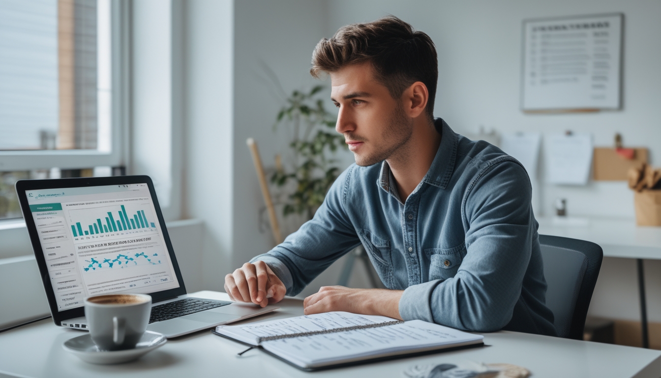 Seorang pria muda duduk di meja dengan laptop dan catatan, tampak fokus mengelola risiko saat bermain togel secara bijak.