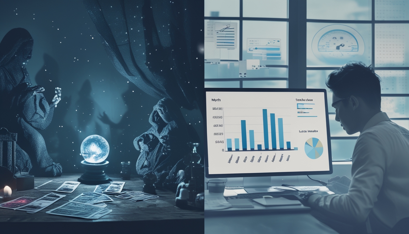 Gambar yang menunjukkan perbedaan antara mitos dan fakta dalam prediksi angka togel dengan sisi kiri penuh simbol mistis dan sisi kanan menampilkan analisis data yang teratur.