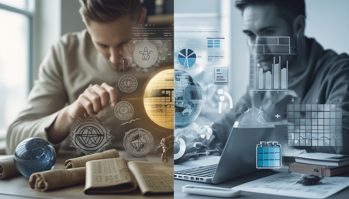 Gambar yang menunjukkan perbedaan antara mitos dan fakta dalam prediksi angka togel dengan simbol mistis di sebelah kiri dan analisis data di sebelah kanan.