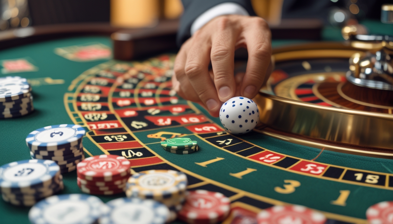 Meja roulette dengan bola putih di roda dan tangan yang sedang meletakkan chip taruhan.