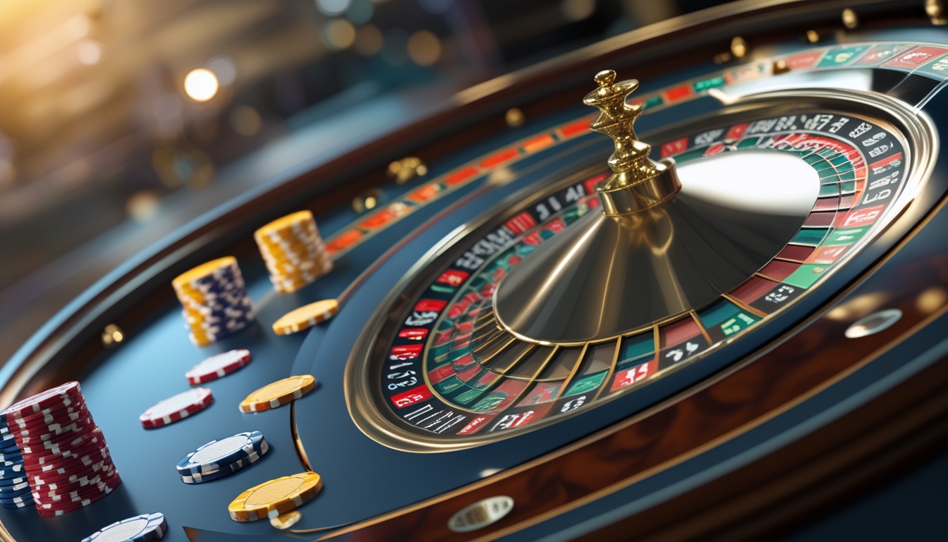 Meja roulette kasino dengan roda roulette berputar dan tumpukan chip taruhan di atas meja.