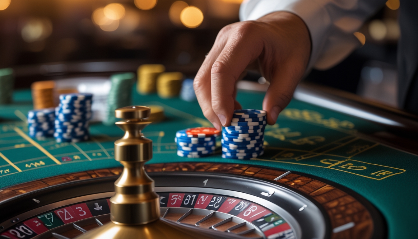Meja roulette dengan roda berputar dan tumpukan chip warna-warni, tangan seseorang sedang menaruh chip di meja taruhan.