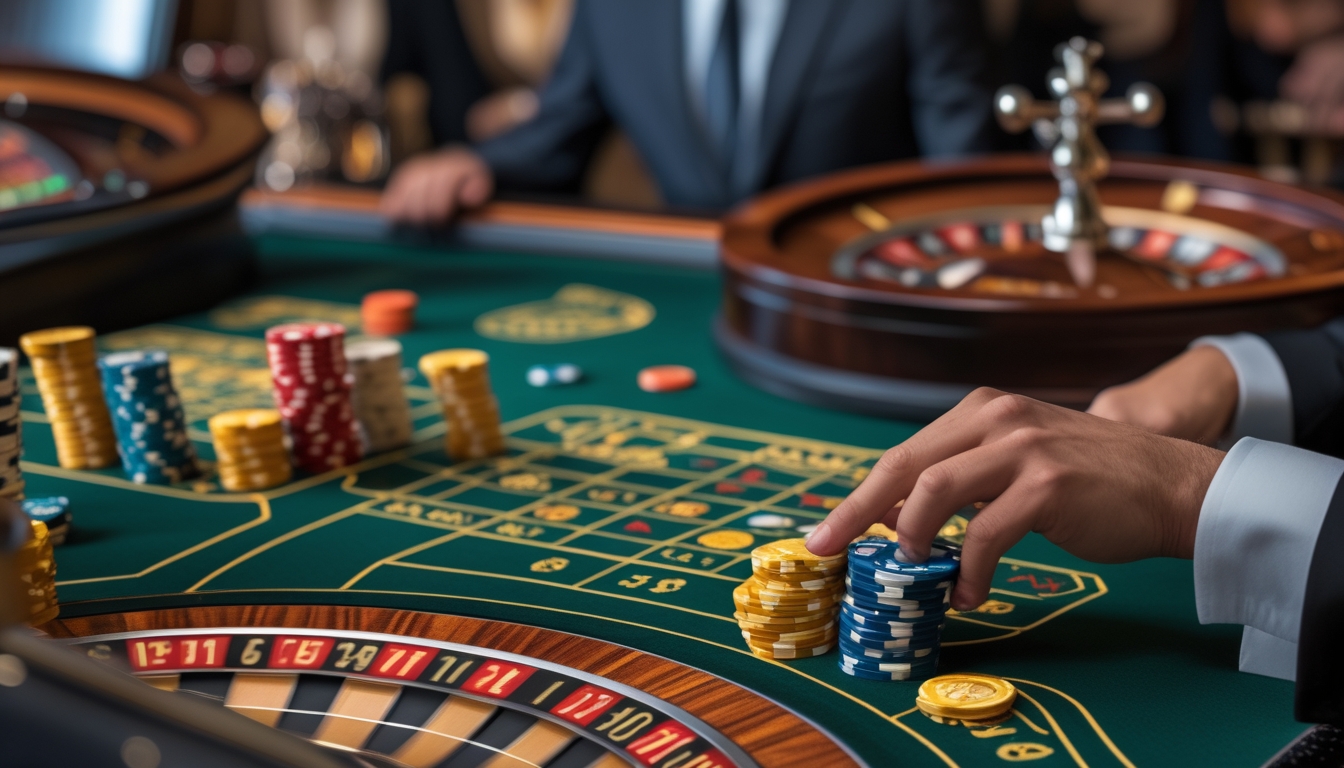 Meja roulette dengan roda berputar, tumpukan chip, dan tangan pemain yang sedang memasang taruhan.