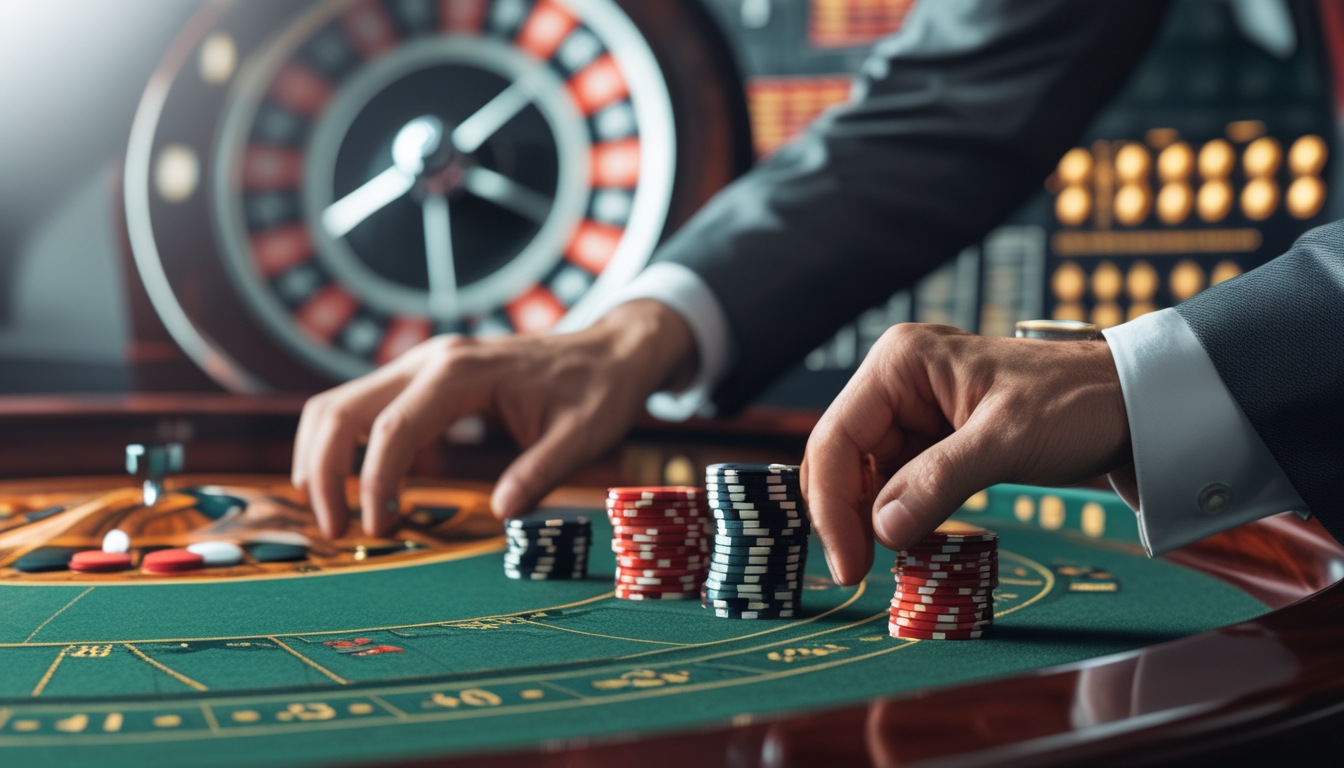 Sebuah meja roulette dengan tumpukan chip dan tangan yang sedang memasang taruhan, menggambarkan analisis sistem Martingale dalam permainan roulette.
