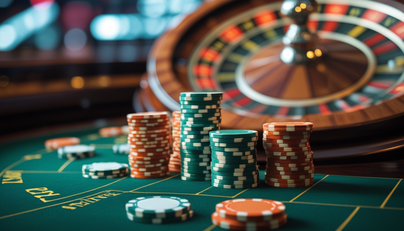 Meja roulette dengan tumpukan chip taruhan yang meningkat dan roda roulette yang berputar di latar belakang.