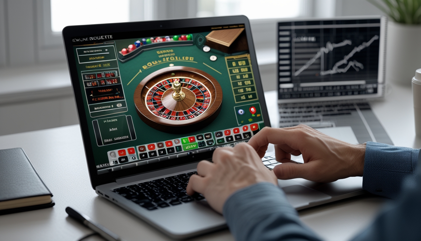 Seseorang menggunakan komputer untuk bermain roulette online dengan grafik dan alat tulis di meja sebagai simbol strategi dan pengelolaan risiko.