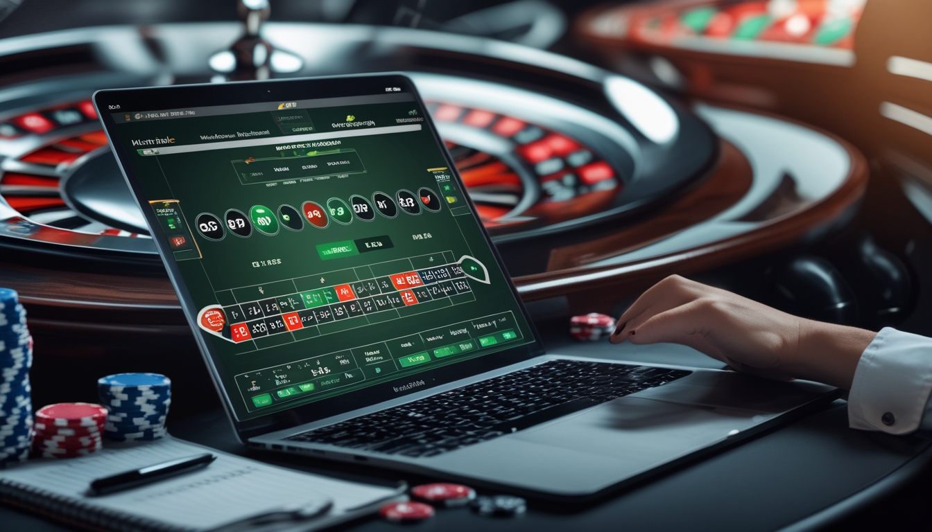 Sebuah meja roulette dengan roda roulette berputar dan layar komputer menampilkan permainan roulette online, dengan tangan yang sedang meletakkan taruhan.