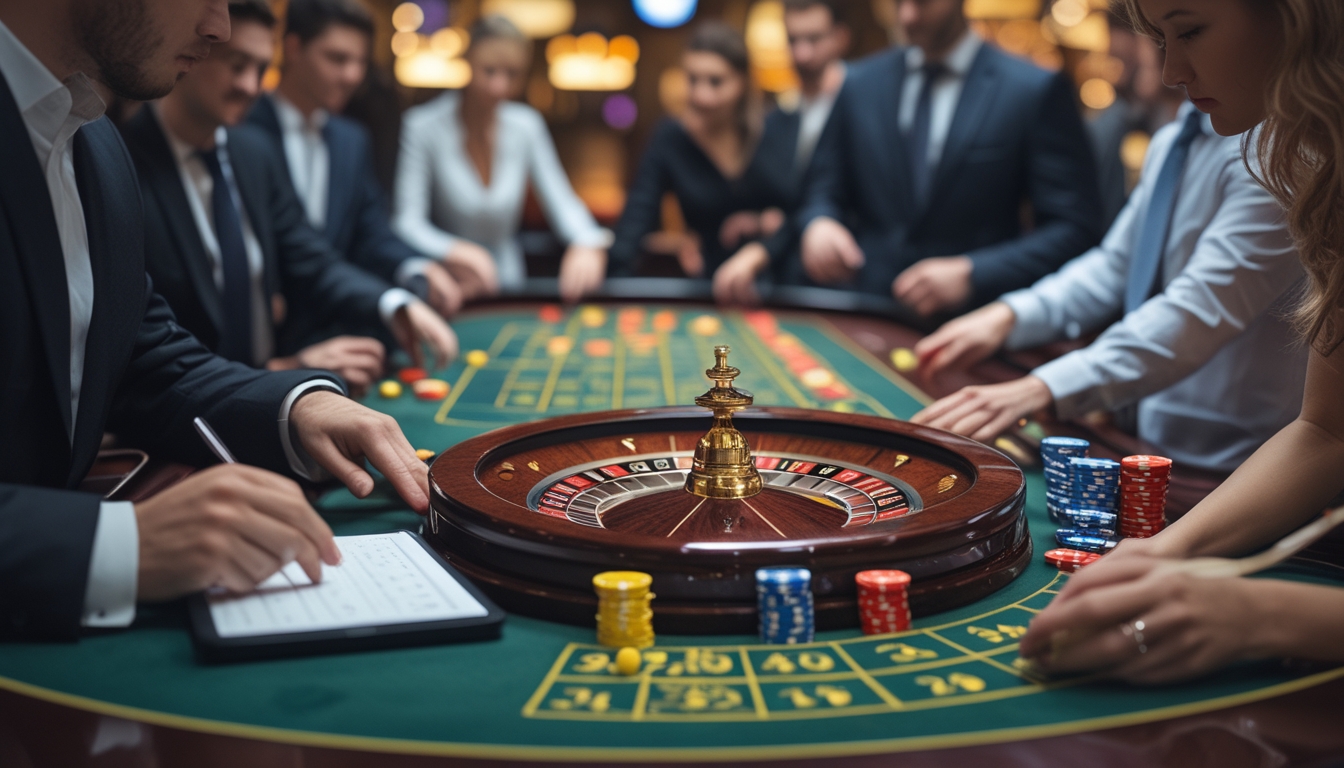 Meja roulette kasino dengan pemain yang sedang memasang taruhan dan seseorang yang sedang mencatat strategi taruhan.