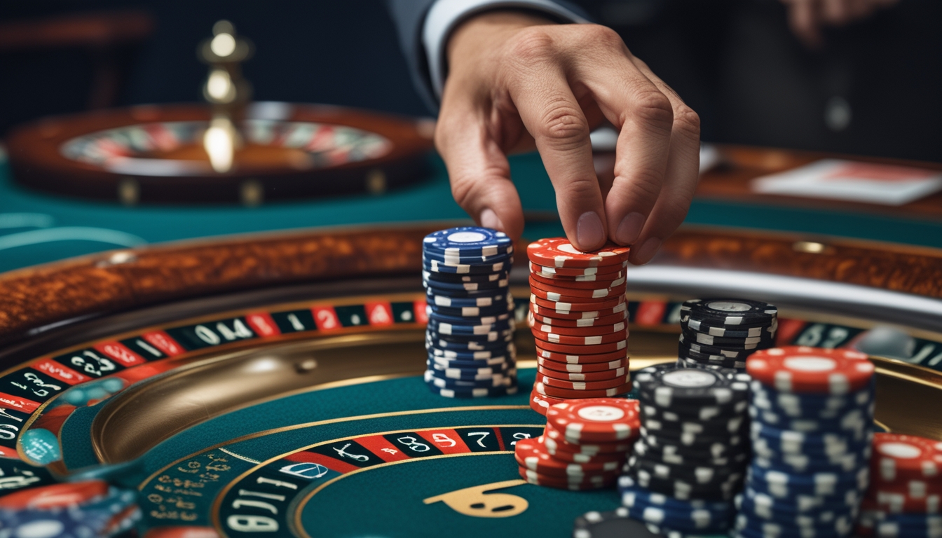 Tangan sedang meletakkan chip taruhan di meja roulette dengan roda roulette berputar di latar belakang.