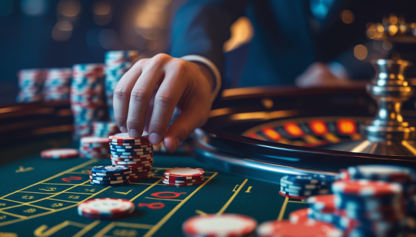 Meja roulette dengan roda roulette berputar dan tangan pemain meletakkan chip taruhan.